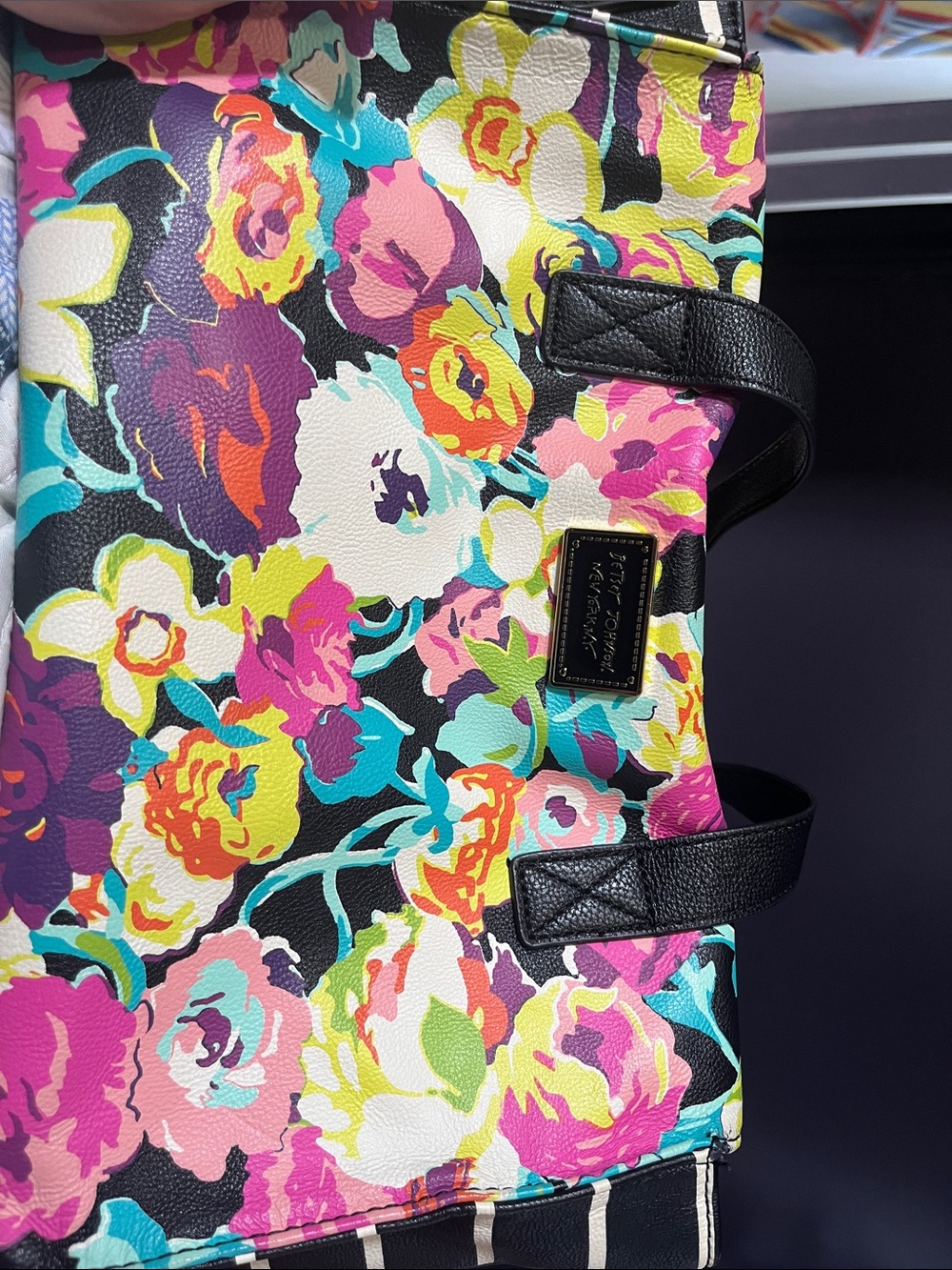 Betsey Johnson Black Floral Tote with Multicolor Blossoms